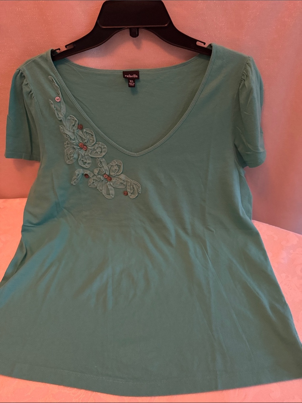 Rafaella Teal V-Neck Short Sleeve Top with Floral Appliqué and Button Accents